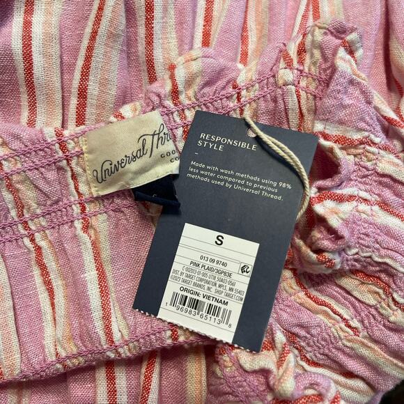 Universal Threads pink linen striped smocked waist tie shoulder dress small‎ NEW - Picture 3 of 4